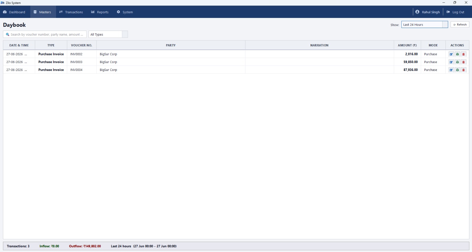 Zilo System daybook report — GST business accounting India
