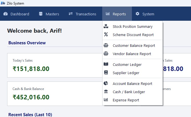 Zilo System business reports — stock ledger and analytics India