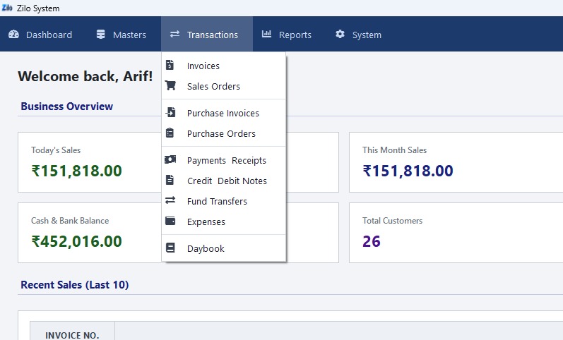 Zilo System transactions — GST billing software India